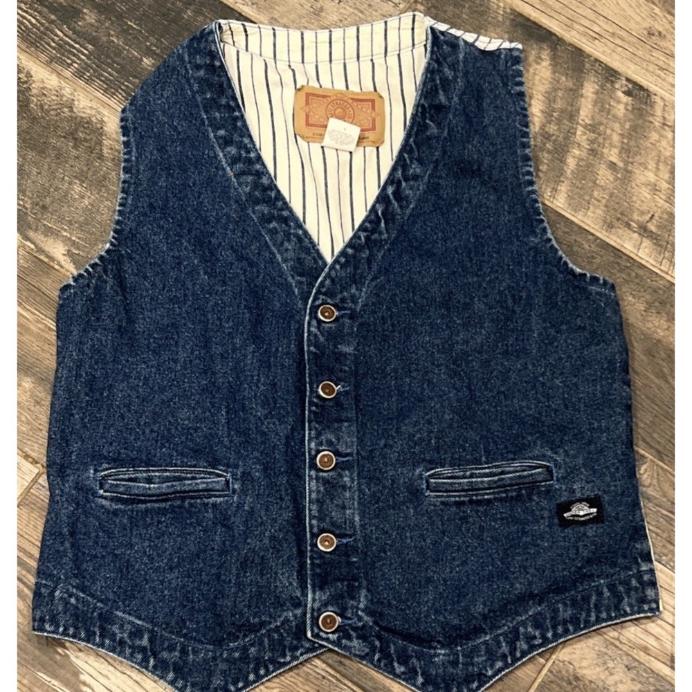 VTG 90s Levis Silver Tab Mens Denim Vest Hickory Stripe Adj. Back Made in USA L